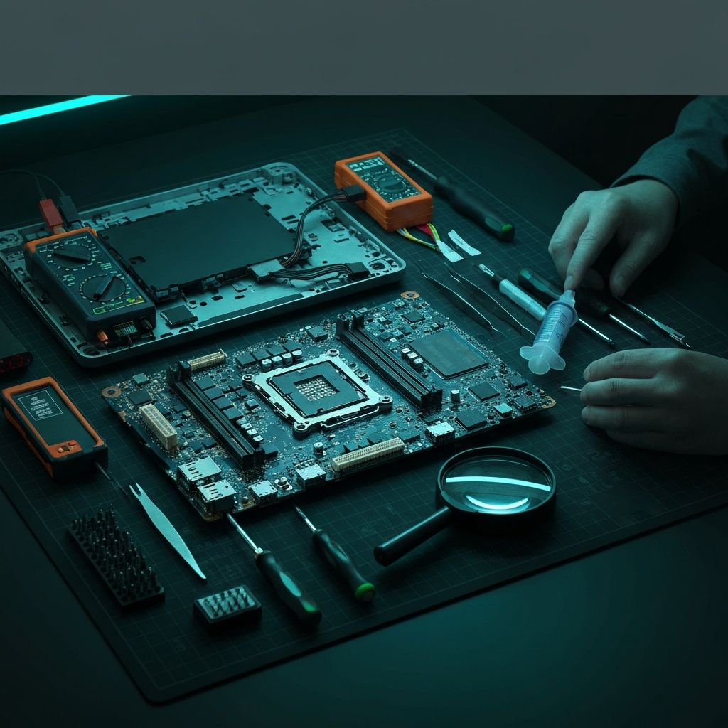 Bancada profissional de manutencao de computadores com ferramentas e placa-mae