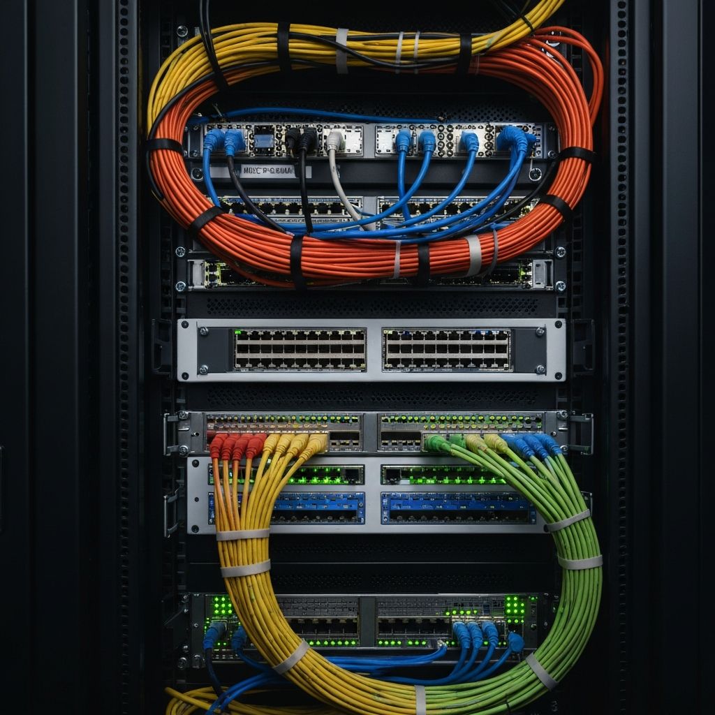 Rack de rede com cabeamento estruturado e switches profissionais