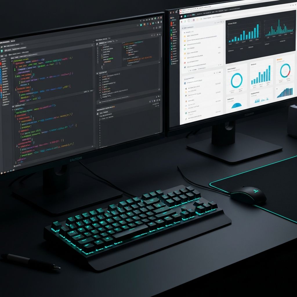 Estacao de desenvolvimento de software com codigo e dashboards